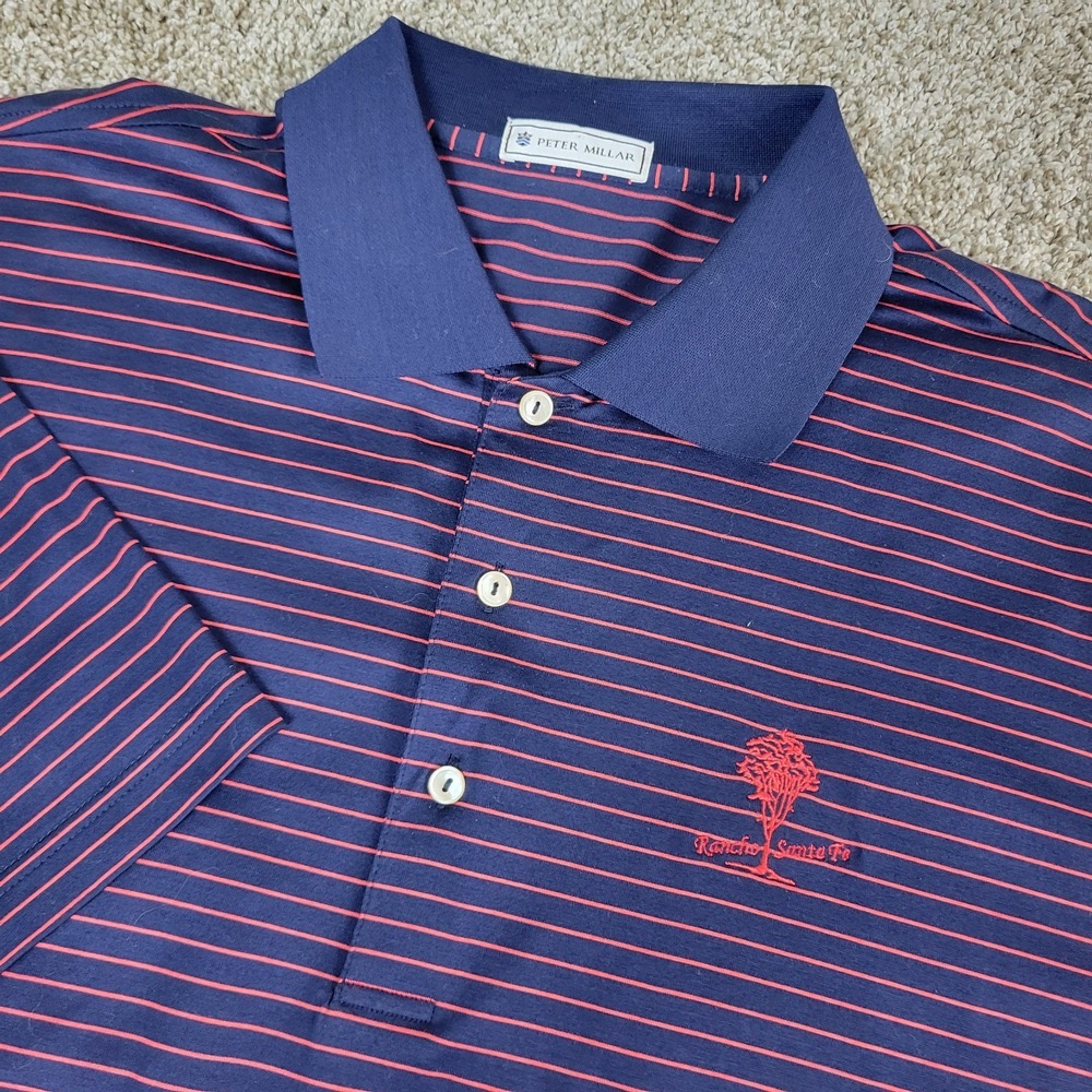 Peter Millar Mens Large Navy Red Striped Stretch‎ Knit Polo Short Sleeve